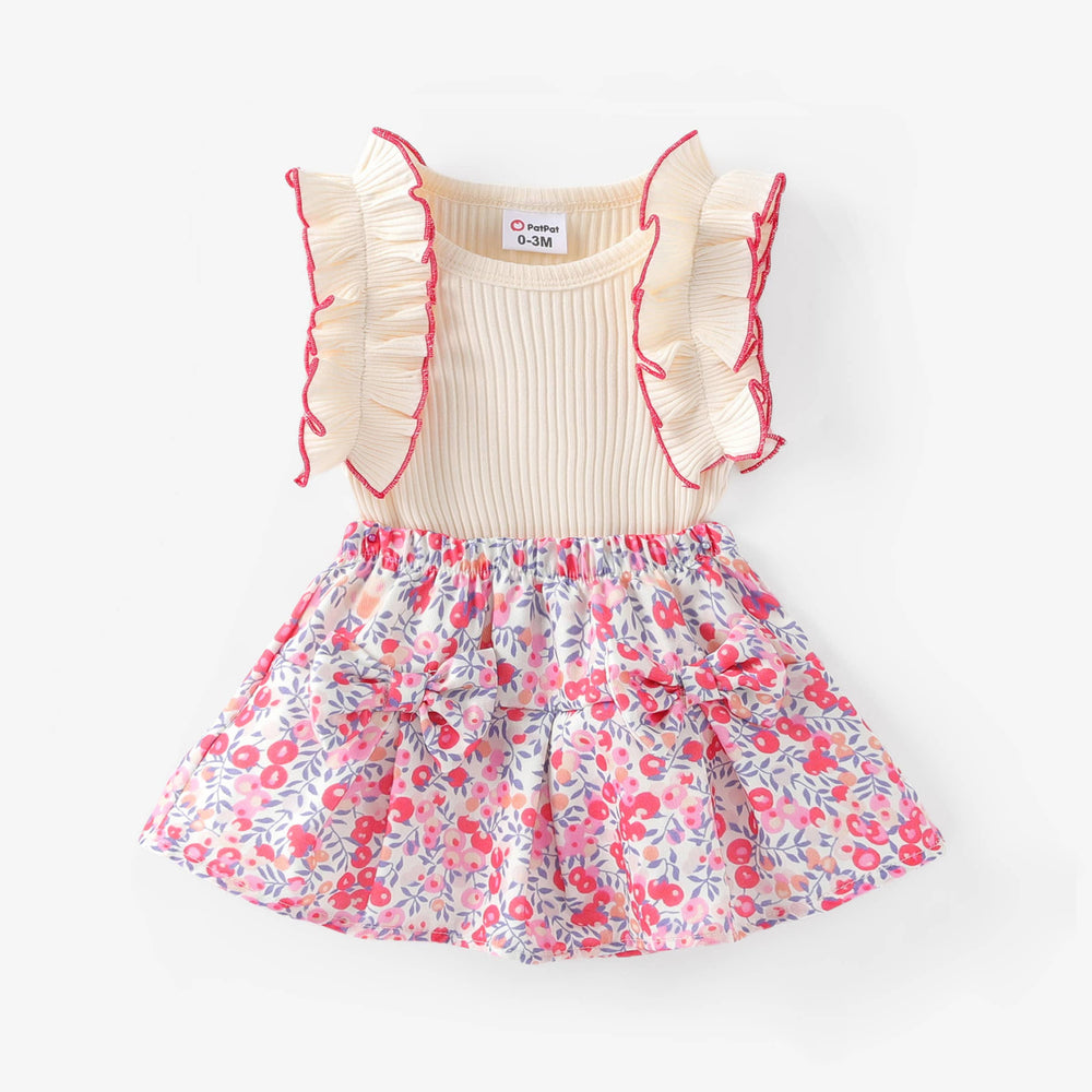 Baby Girl 2pcs Ruffled Romper & Floral Skirt/Bow Decor Shoes - The Floratory