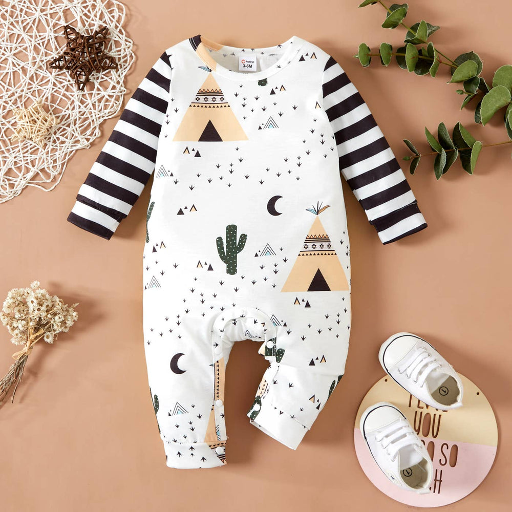 Baby Boy/Girl All Over Print Striped Long-sleeve Jumpsuit - The Floratory