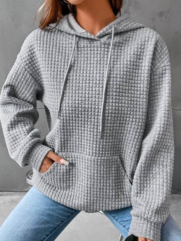 Waffle Hooded Drawstring Long-Sleeved Sweatshirt - The Floratory