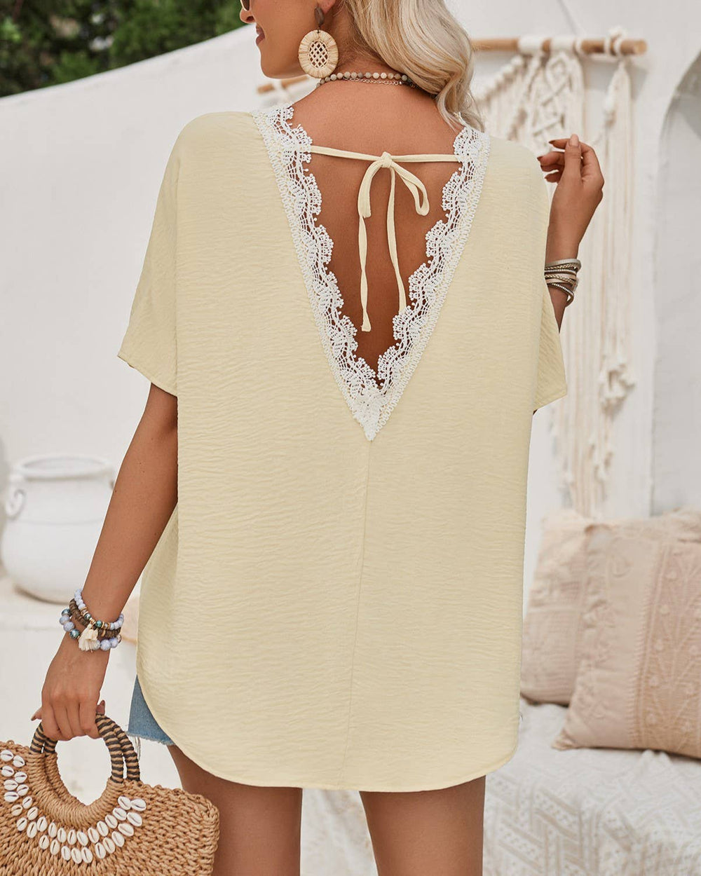 Round Neck Back Lace T-Shirt - The Floratory