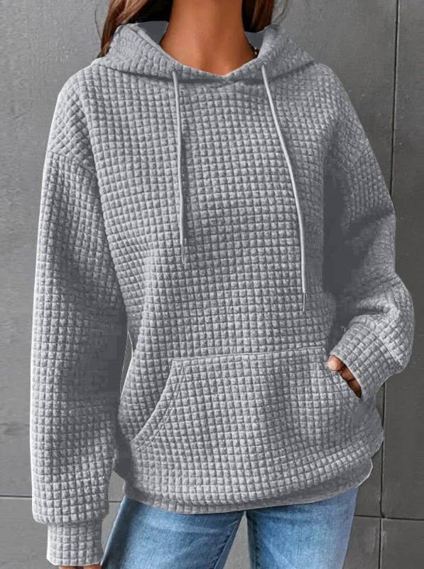 Waffle Hooded Drawstring Long-Sleeved Sweatshirt - The Floratory