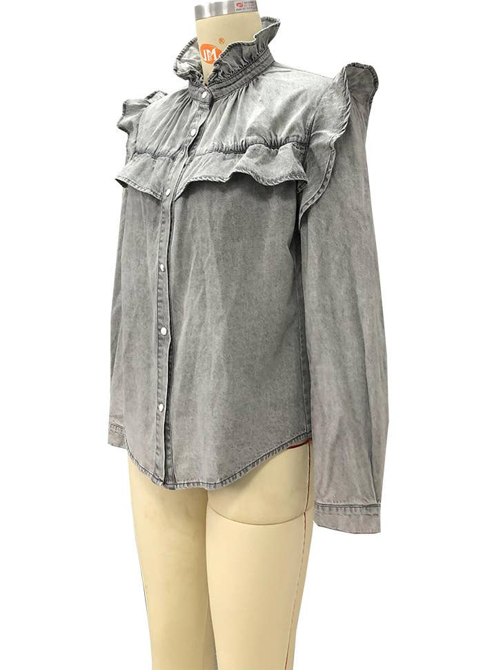 Ruffled denim shirt women blouse in gray - The Floratory