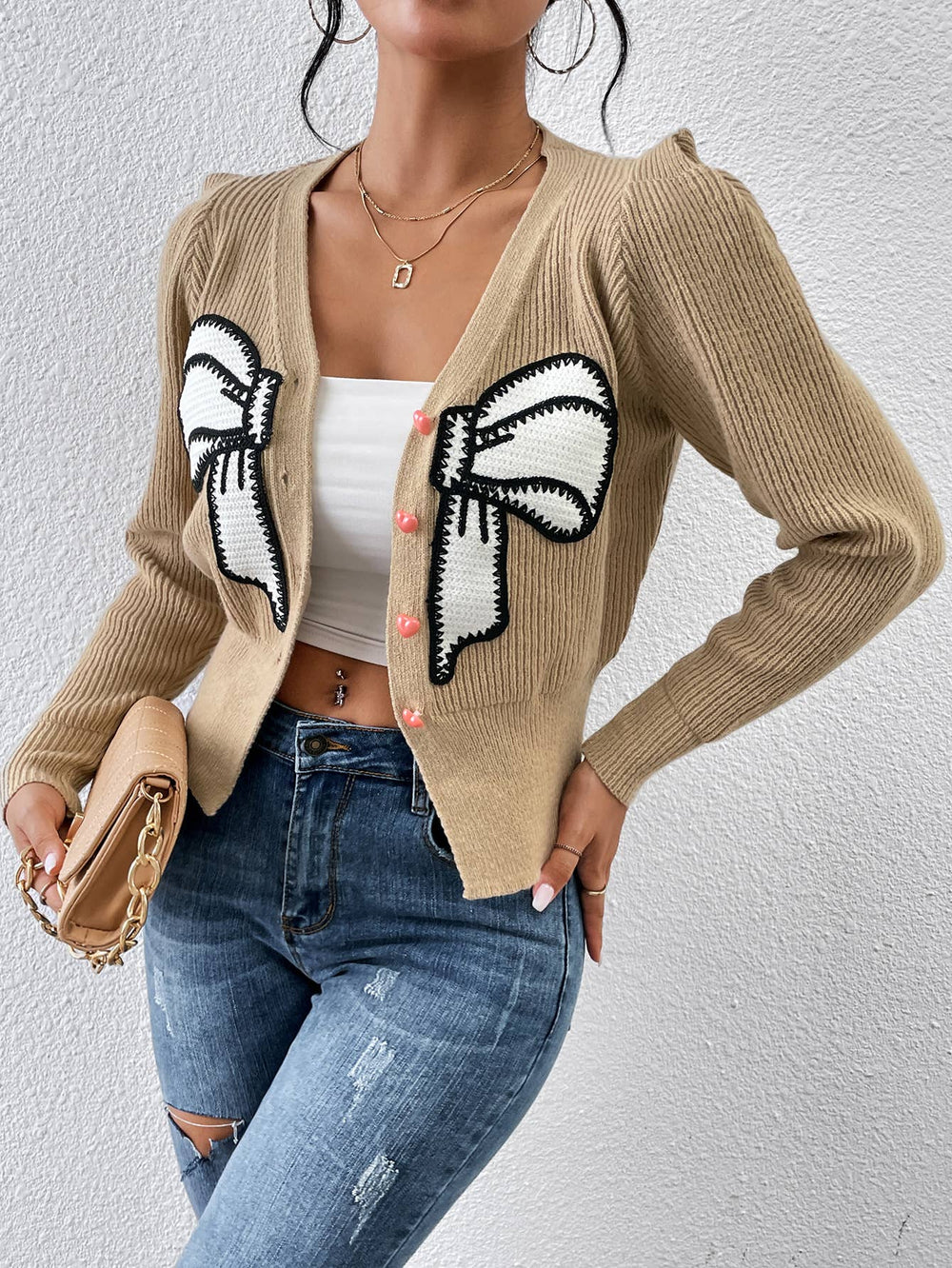 V-Neck Bow Print Cropped Cardigan - The Floratory