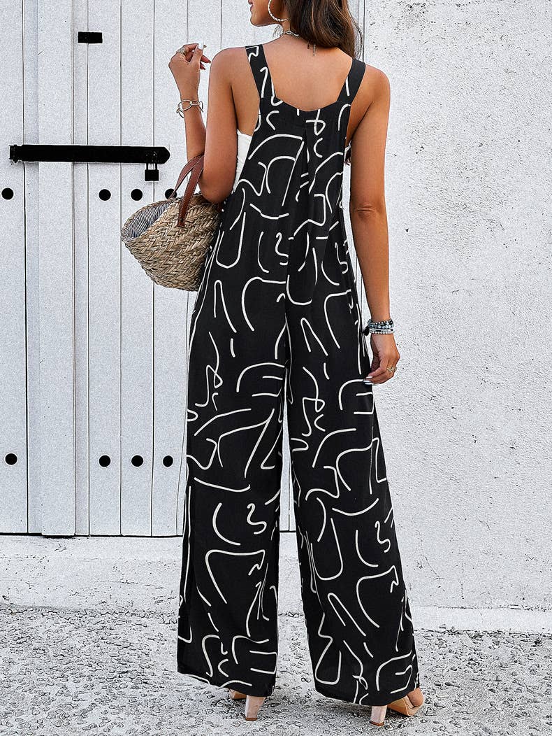 Suspenders With Long Button-Up Print Jumpsuit - The Floratory