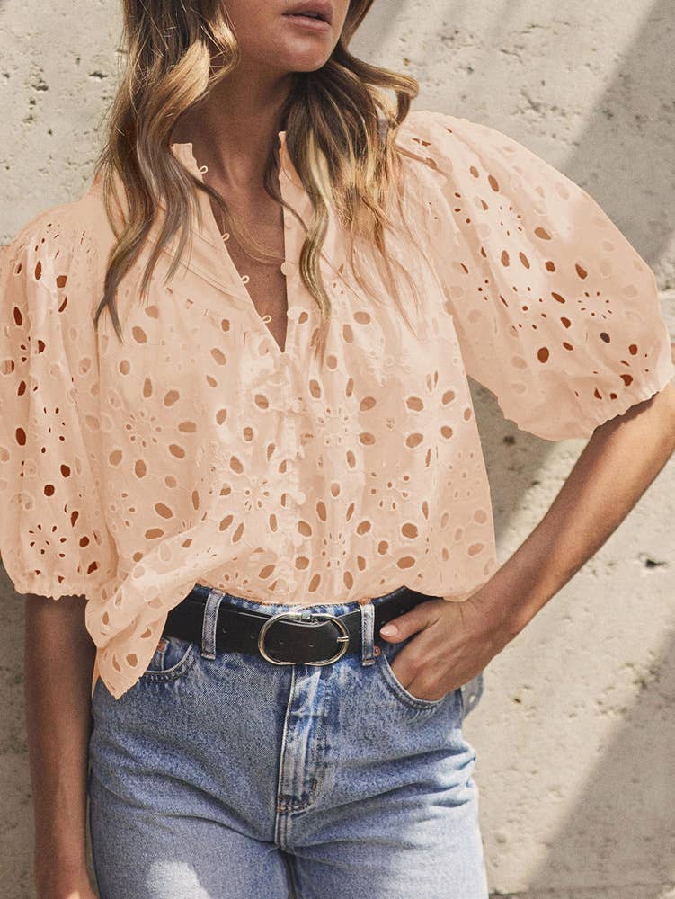 Stylish V-Neck Button-Down Cut-Out Puff Sleeve Top - The Floratory