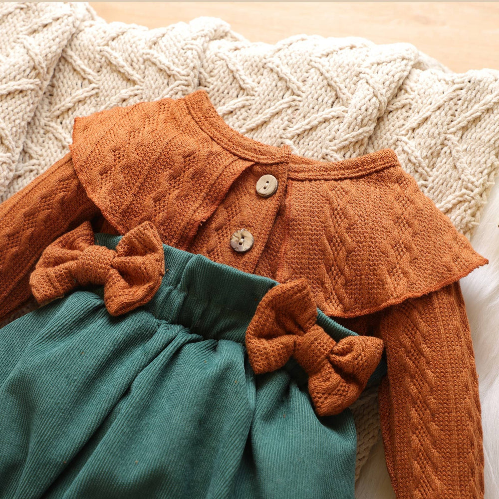 Cable Knit Long-sleeve Splicing Corduroy Bowknot Baby Romper - The Floratory