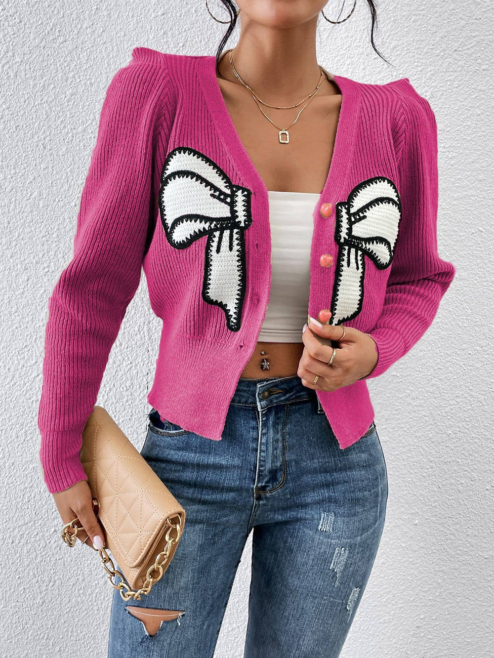 V-Neck Bow Print Cropped Cardigan - The Floratory