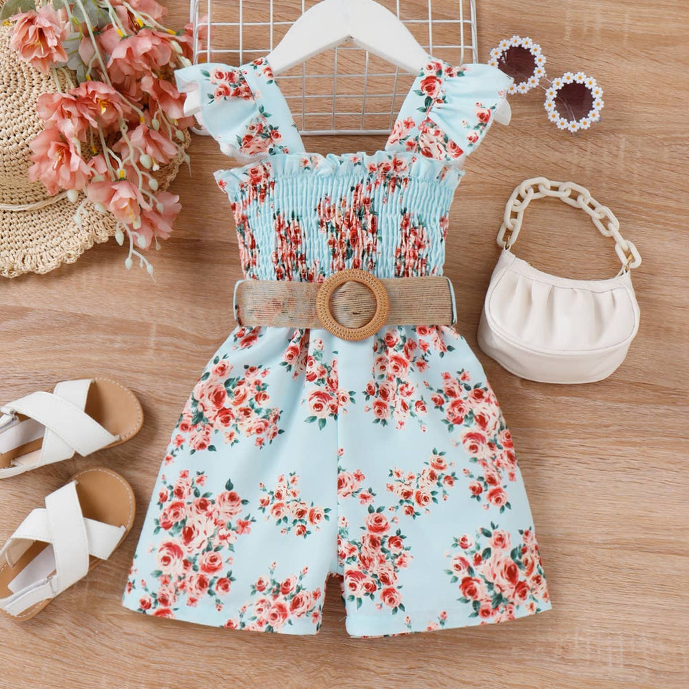 2pcs Toddler Girl Sweet Smocked Sleeveless Rompers and Belt - The Floratory