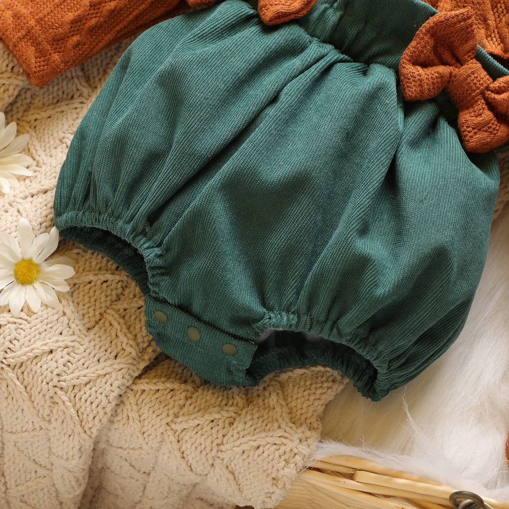 Cable Knit Long-sleeve Splicing Corduroy Bowknot Baby Romper - The Floratory