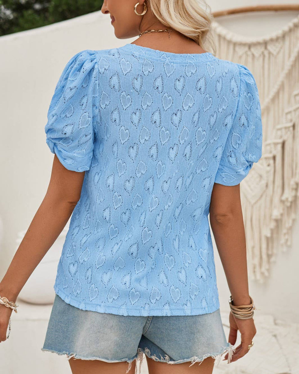 Heart-Print V-Neck Twisted Cuff T-Shirt - The Floratory