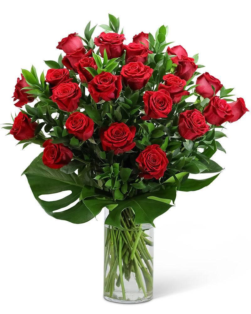 Red Roses with Modern Foliage (24) - Village Floral Designs and Gifts
